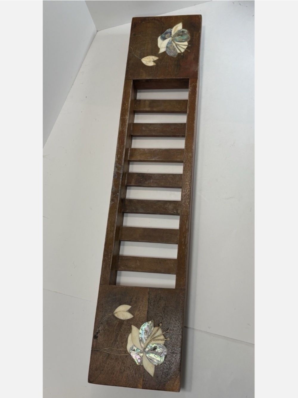 Anthropologie Wood Bath Caddy- Marble Stone Inlay- Made In India- 27” Floral - Picture 3 of 11